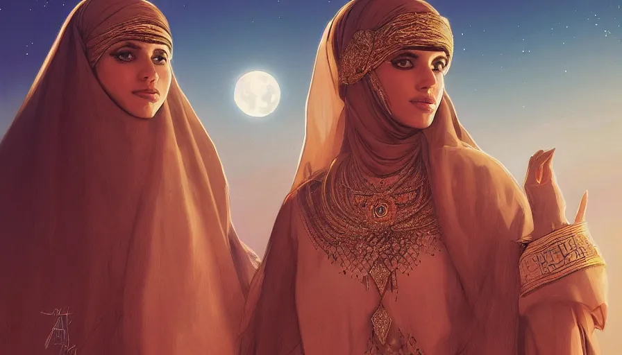 Image similar to Portrait of very very very very very very beautiful Arab woman wearing a Niqab, glowing magical eyes, energy trails, under giant full moon in the desert, intricate, elegant, highly detailed, digital painting, artstation, concept art, smooth, sharp focus, illustration, art by artgerm and greg rutkowski and alphonse mucha