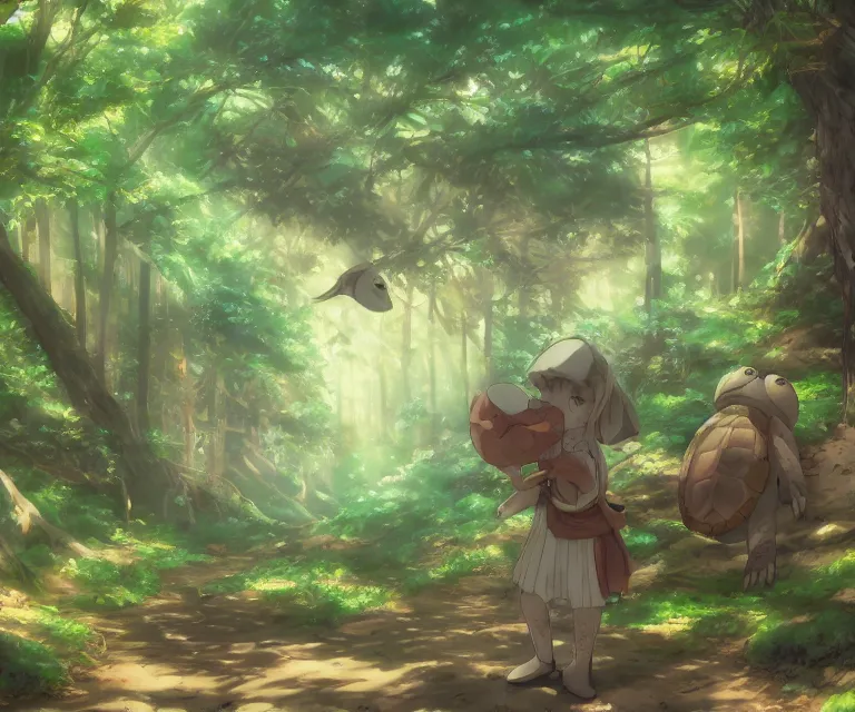 Image similar to turtle in a forest, anime fantasy illustration by tomoyuki yamasaki, kyoto studio, madhouse, ufotable, comixwave films, trending on artstation