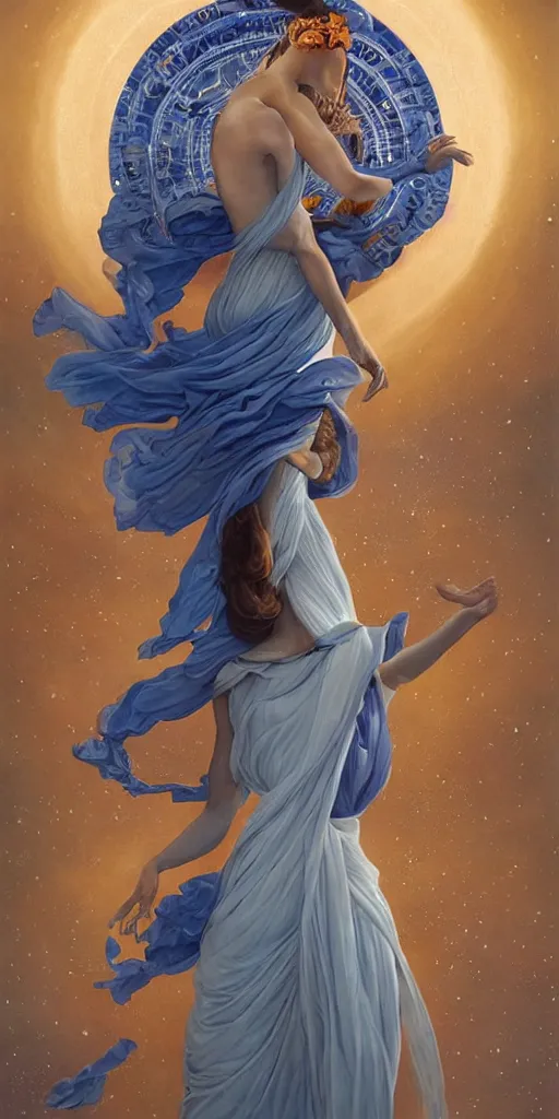 Prompt: full body portrait of beautiful goddess of mars theme inspired wearing blue and white carved details moving dress, she is floating in the air, planet mars in the background, open sky, highly detailed, mystical, little orange fog, circle forms, iper realistic, paint on canvas, art by tom bagshaw and karol bak