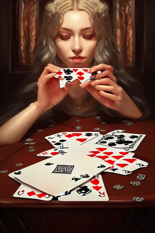 Image similar to firts person view of female hands looking at the table full of playing cards, fantasy, intricate, elegant, highly detailed, digital painting, artstation, concept art, addiction, chains, smooth, sharp focus, illustration, art by ilja repin