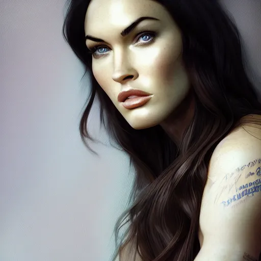 Image similar to portrait of megan fox as an anthropomorphic, au naturel, hyper detailed, digital art, trending in artstation, cinematic lighting, studio quality, smooth render, unreal engine 5 rendered, octane rendered, art style by klimt and nixeu and ian sprigger and wlop and krenz cushart.