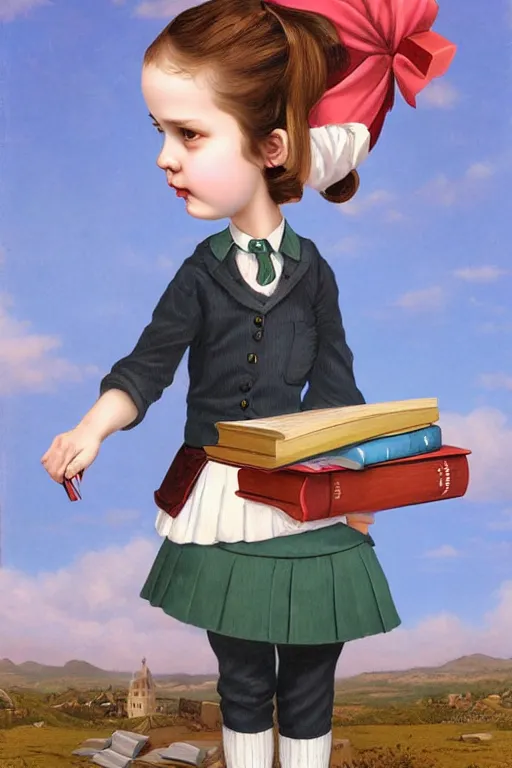 Image similar to cute little school girl with books, lowbrow, matte painting, 3 d highly detailed, in the style of mark ryden