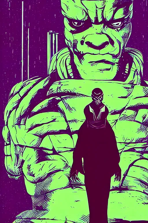 Image similar to 1 9 7 9 sci - fi portrait of an ogre performing ritual sepuku. simple stylized cyberpunk photo from the matrix ( 1 9 9 9 ) by josan gonzalez.