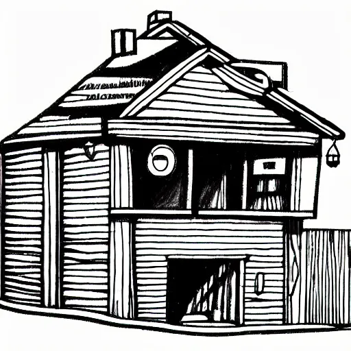 Image similar to imaginative drawing of a beach house, black ink outline, cel - shading