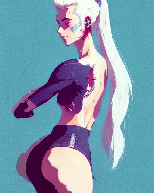 Image similar to a ultradetailed beautiful back painting of a stylish woman with white hair in a short pony tail, she is wearing jeans, by conrad roset, greg rutkowski and makoto shinkai trending on artstation