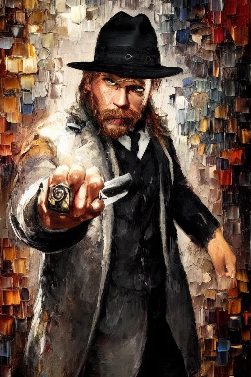 Image similar to palette knife oil painting of the norse god tyr as a noir detective with a missing hand. fedora, trenchcoat. extreme detail. artstation trending, any racial background, artgerm, deviant art, octane, substance, art history 8 k