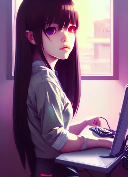 Image similar to a film still polaroid portrait of a young gamersgirl at her computer, detailed features, perfect art, busy room, hd, gapmoe yandere, trending on pixiv, focussed painted art, by wlop, ilya kuvshinov, artgerm, krenz cushart, pixiv