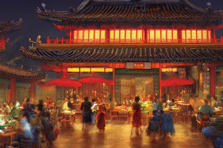 Prompt: fantasy art of a bustling tea house in china, at night, by ralph horsley, highly detailed digital art, trending on artstation
