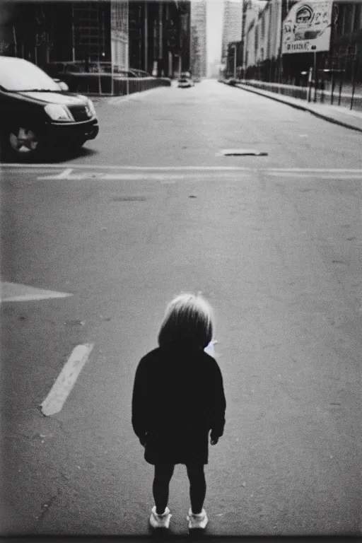 Image similar to photo polaroid of sad and lonely child in the middle of an empty street in a big city, photorealistic, 35mm film, black and white, polaroid,