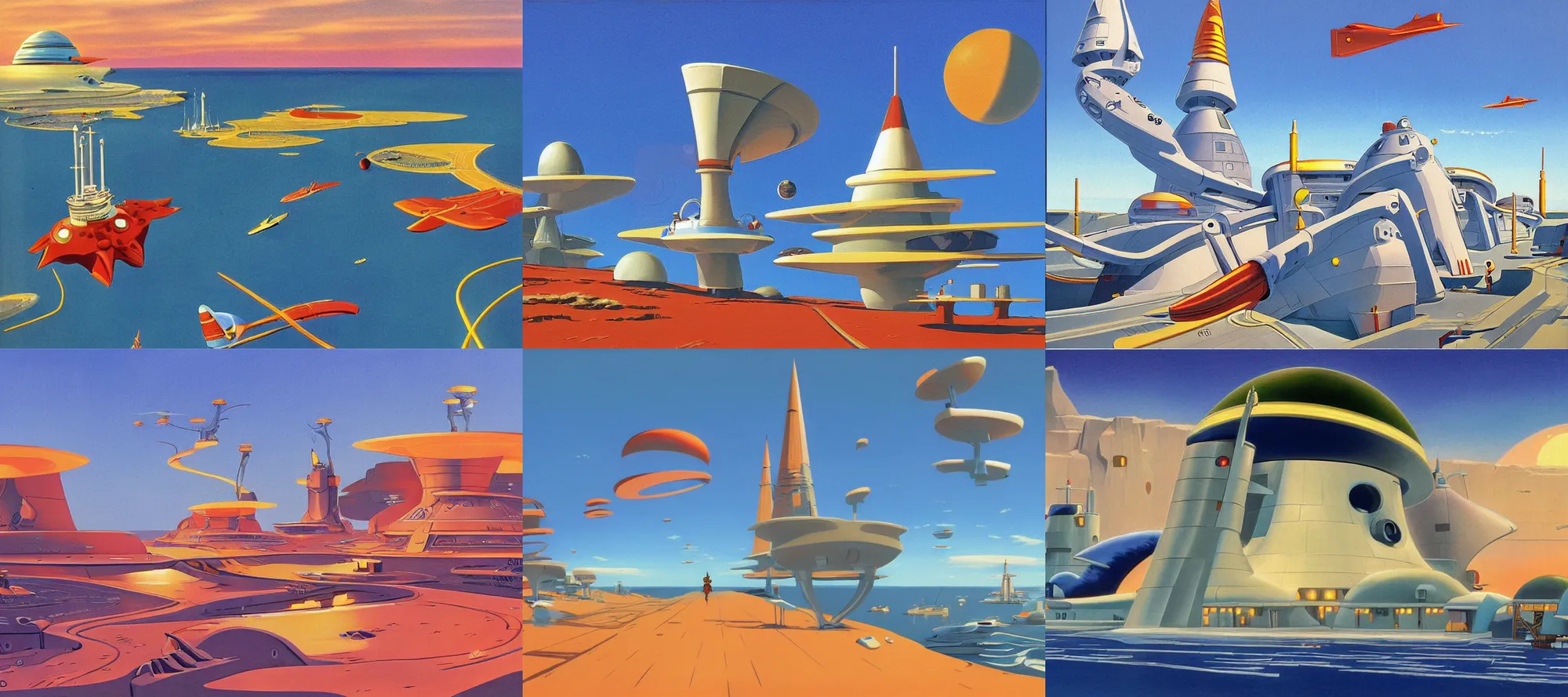 Prompt: futuristic Cape Cod in the style of Dr. Seuss, starships, painting by Ralph McQuarrie