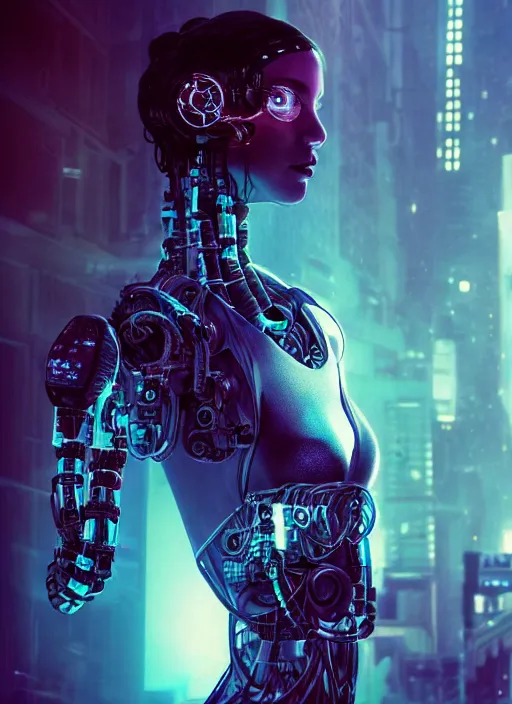 Image similar to cyberpunk,sci-fi, fantasy,Kodak Portra 400, 8K, soft light, volumetric lighting, highly detailed, britt marling style 3/4 ,portrait photo of a beautiful cyborg robot woman in a street of new york + face,night, fog, cyan lighting, intricate, elegant, highly detailed, digital painting, artstation, concept art, smooth, sharp focus, illustration,art by artgerm and greg rutkowski and alphonse mucha , sigma art 85mm F1.8