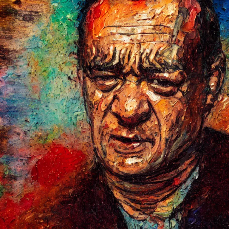 Image similar to colorful Antique tintype of Beautiful warmly lit close up expressionistic oil painting studio portrait of very angry! Tom Hanks yelling, impasto oil painting heavy brushstrokes by Cy Twombly and Anselm Kiefer , trending on artstation dramatic lighting abstract Expressionism