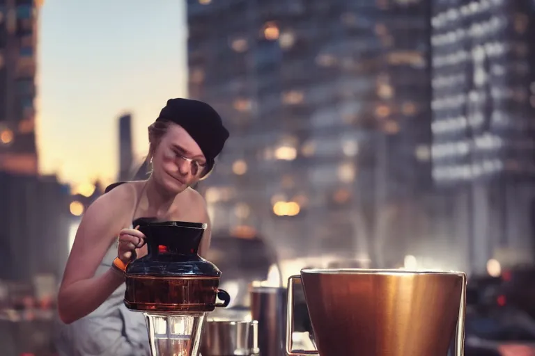 Image similar to hyperrealistic portrait of stunningly beautiful female nordic barista scarlet Johnson , brewing a V60 coffee outdoor, lit by dawn light, busy city on background, trending on artstation,ultrawide angle, f8 , polarizer , unreal engine