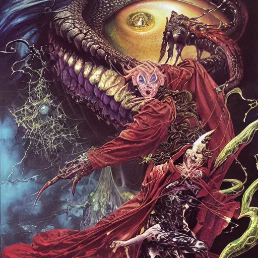 Prompt: realistic detailed image of Psychic Vampires Battling Monsters by Ayami Kojima, Amano, Karol Bak, Greg Hildebrandt, and Mark Brooks, Neo-Gothic, gothic, rich deep colors. Beksinski painting, part by Adrian Ghenie and Gerhard Richter. art by Takato Yamamoto. masterpiece