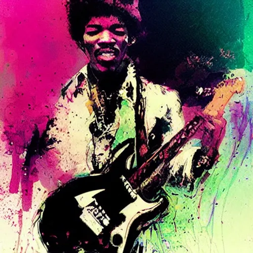 Prompt: Jimy Hendrix playing by Bill Sienkiewicz