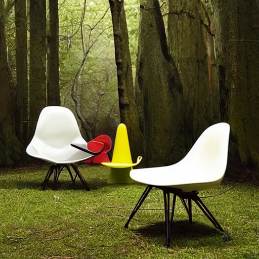 Prompt: a chair designed for sitting in the forest alone inspired by Dr seuss and Charles and Ray eames