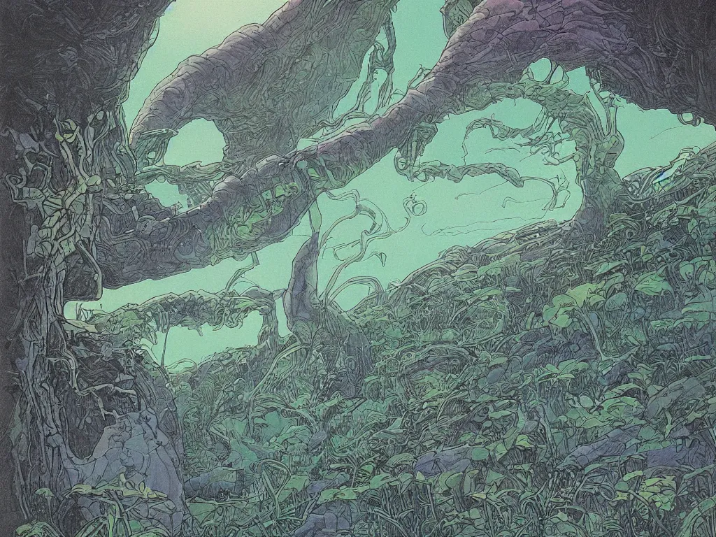 Prompt: moebius drawing painting lush alien landscape