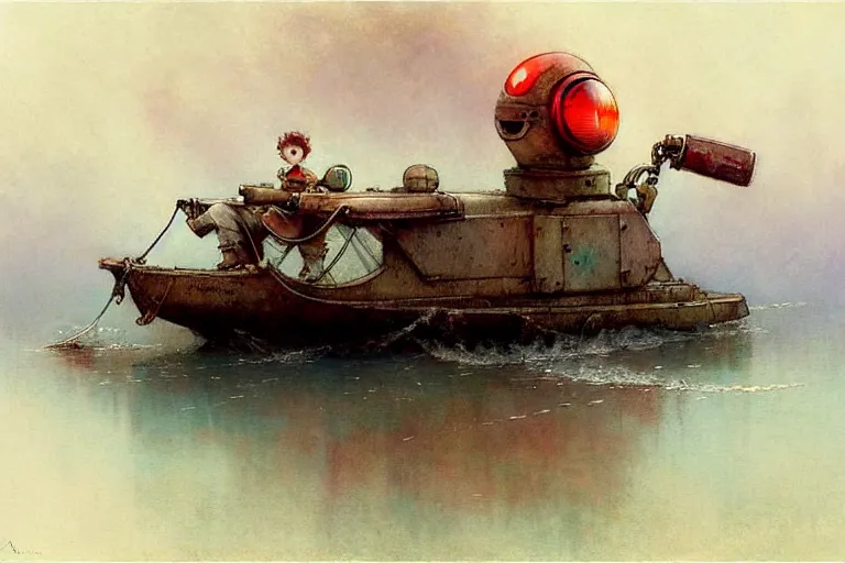 Image similar to adventurer ( ( ( ( ( 1 9 5 0 s retro future robot android mouse house boat tug boat calm stream. muted colors. ) ) ) ) ) by jean baptiste monge!!!!!!!!!!!!!!!!!!!!!!!!! chrome red