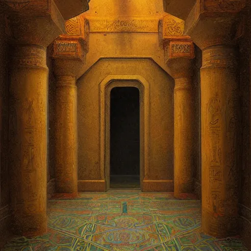 Image similar to a painting of a doorway in a building, a raytraced image by Mikalojus Konstantinas Čiurlionis, polycount, metaphysical painting, hall of mirrors, egyptian art, concept art