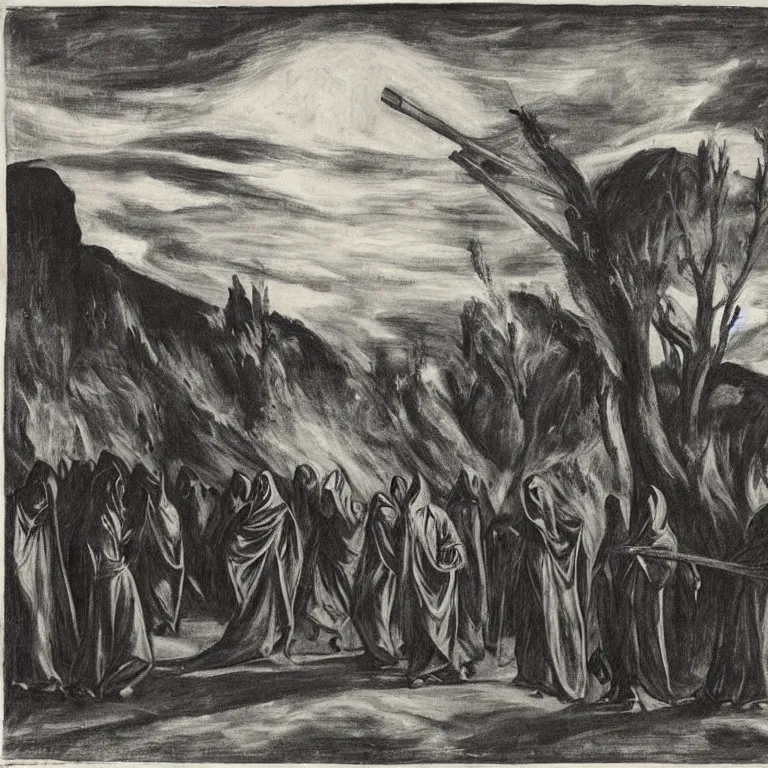 Prompt: A Holy Week procession of grim reapers in a lush Spanish landscape at night. A hooded figure at the front holds a cross. El Greco, Carl Gustav Carus, Edward Hopper.