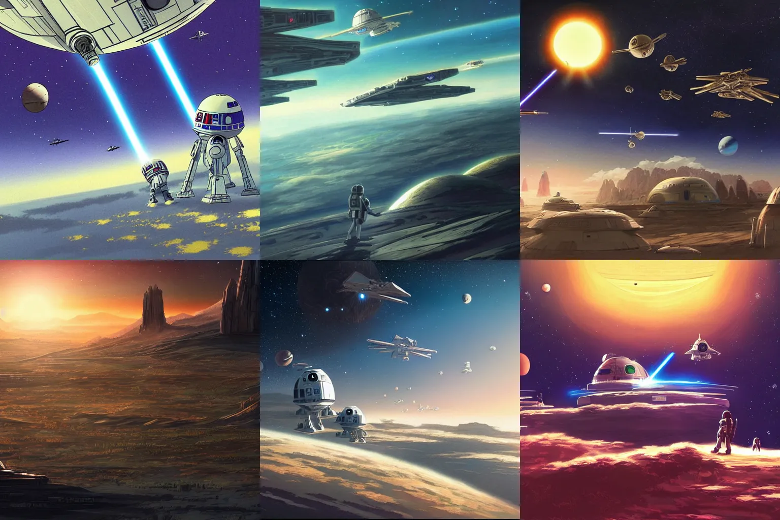 Prompt: star wars landscape, planets in cosmic space, atmospheric perspective, realistic, high detail, high quality, studio ghibli