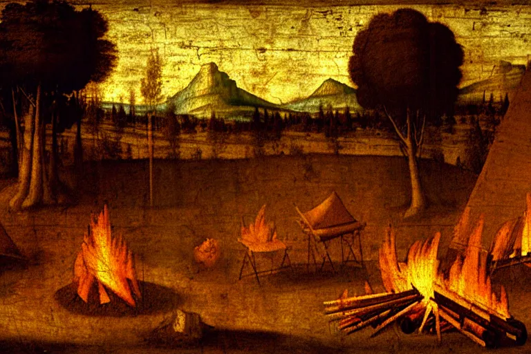 Image similar to davinci painting of a campsite with bonfire