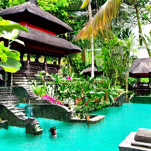 Prompt: photograph, these are the best holiday destinations, romantic, honeymoon, poolside, Bali Indonesia, Bombay Black Cat