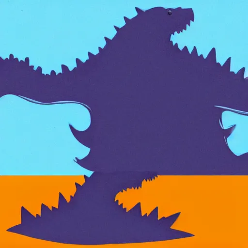 Image similar to a blue water wave in the silhouette shape of Godzilla, cartoon drawing