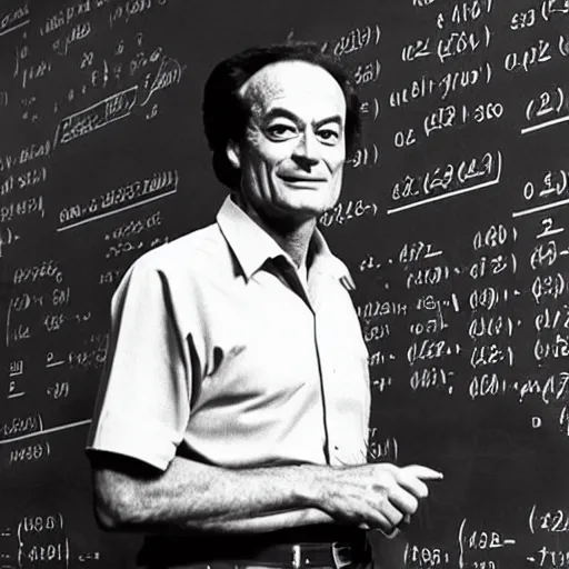 Image similar to richard feynman standing in front of equations on a blackboard, 1960s,