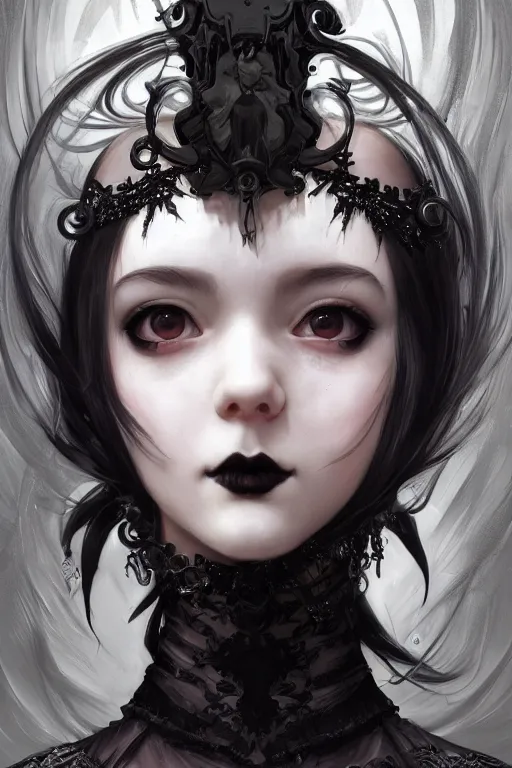 Image similar to portrait of radical lolita girl, dreamy and ethereal and dark, black eyes, silver short hair, smiling expression, ornate goth dress, dark fantasy, chaotic, elegant, black crows flying, highly detailed, digital painting, artstation, concept art, smooth, sharp focus, illustration, art by artgerm and greg rutkowski and alphonse mucha