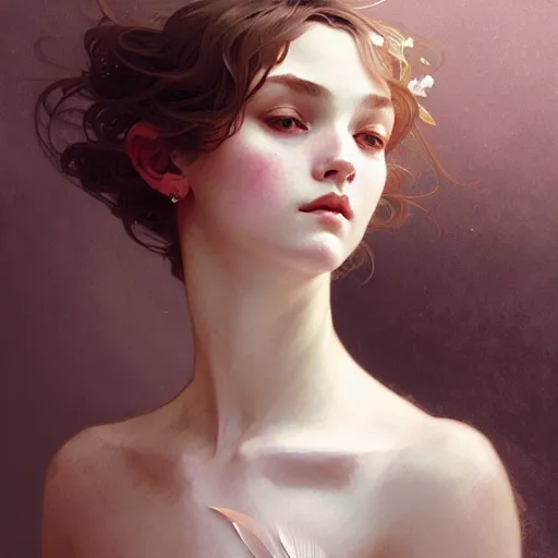 Image similar to A portrait of a girl surrounded by delicate feathers, face, intricate, elegant, highly detailed, digital painting, artstation, concept art, smooth, sharp focus, illustration, art by Krenz Cushart and Artem Demura and alphonse mucha