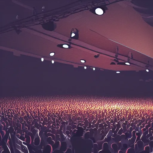 Image similar to a lone singer on stage, with spotlight beam, huge crowd in audience, facing stage, zoom lens, ultra realistic, artstation, dramatic lighting, album