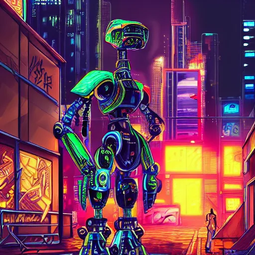 Image similar to hyper-detailed full colour painted anime illustration of a cyberpunk robot mecha dinosaur standing at a ghetto street corner wry graffiti in the background, night, city, dark