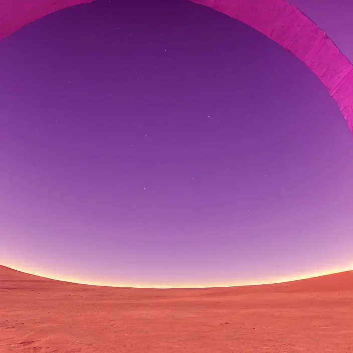 Image similar to a luminous pink and purple colored circular stargate in the dessert through which an ocean is visible