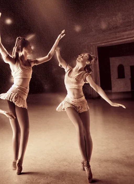 Image similar to a beautiful detailed photo of girls doing dance in a old dusty dark hall, realistic, f 8, 4 k hd wallpaper
