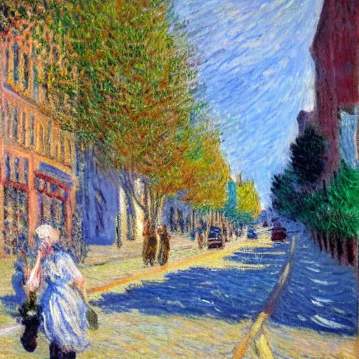 Prompt: a large painting of a road with a person walking up the street, an impressionist painting by blanche hoschede monet, featured on deviantart, american scene painting, impressionism, acrylic art, fauvism