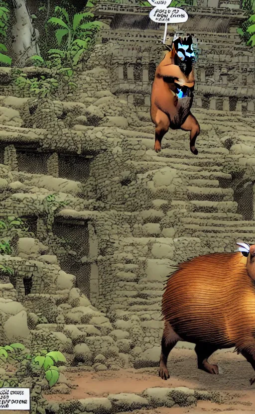 Prompt: an animated capybara exploring some mayan ruins, comic by david finch and frank miller, detailed shading