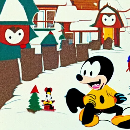 Prompt: a scene from south park featuring a creepy mickey mouse