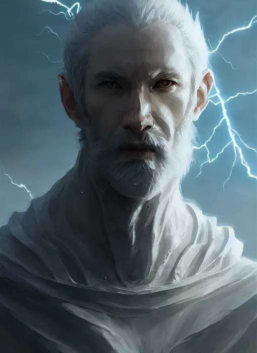 Prompt: long-shot portrait of a pale wise man who created the universe, wolf god. In style of Hyung-tae Kim and Greg Rutkowski, concept art, trending on ArtStation, over-detailed art, 8K, epic, dynamic lightning, dramatic pose.