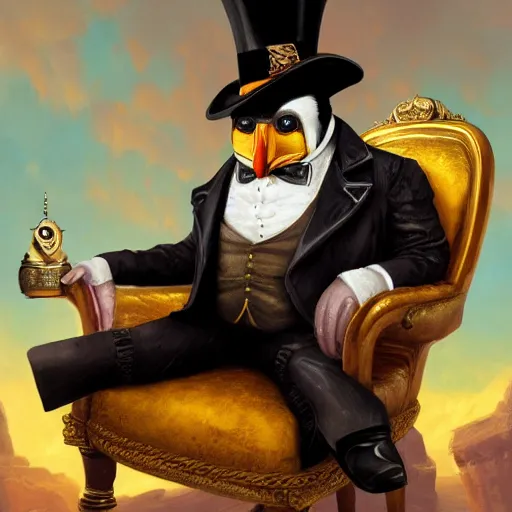 Prompt: oil painting of grumpy rich steampunk penguin, sitting in fancy chair, wearing top hat, looking at gold coin, steampunk factory background, sharp focus, fantasy style, octane render, volumetric lighting, 8k high definition, by greg rutkowski, highly detailed, trending on art Station, magic the gathering artwork, centered