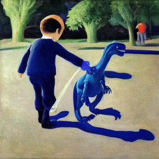 Image similar to a kid at the park walking a dinosaur with a leash, renaissance oil painting by Yves Klein and Judson Huss and Natalia Goncharova, artstation