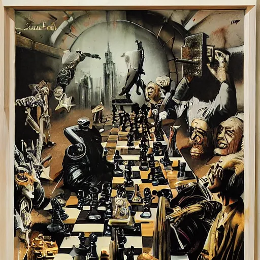 Image similar to chess and politics by an anarchist, by karol bak, banksy, simon bisley, guy denning, mimmo rotella, ravi zupa