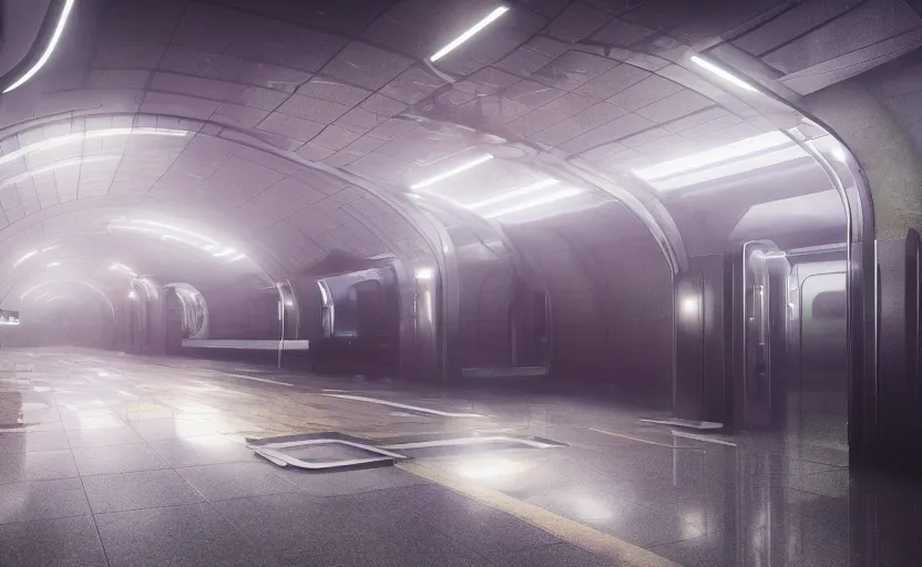 Image similar to Futuristic cyber subway station , gloomy and foggy atmosphere, octane render, artstation trending, horror scene, highly detailded