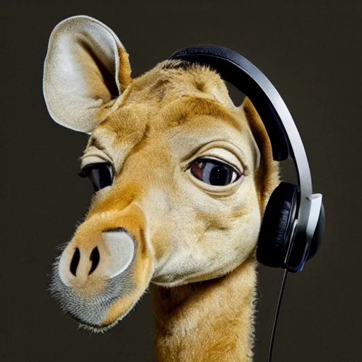 Image similar to a fat girafe wearing a headset.