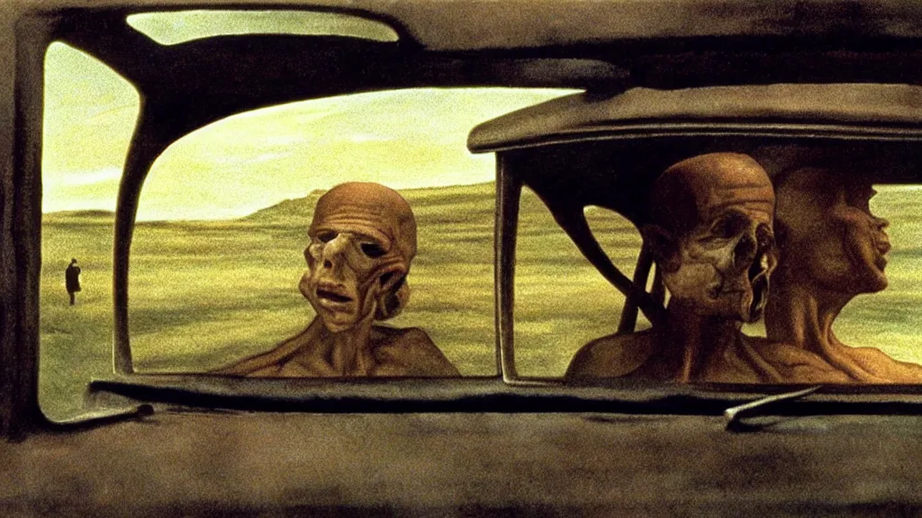 Prompt: the hip creature sells sits in a car, they look at the sky film still from the movie directed by denis villeneuve and david cronenberg with art direction by salvador dali and zdzisław beksinski, wide lens