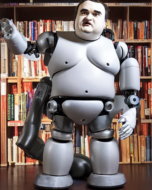 Prompt: Highly detailed robot remote controlled animatronic half scale doll toy in the likeness of John Belushi’s Bluto from Animal House, Studio Lighting