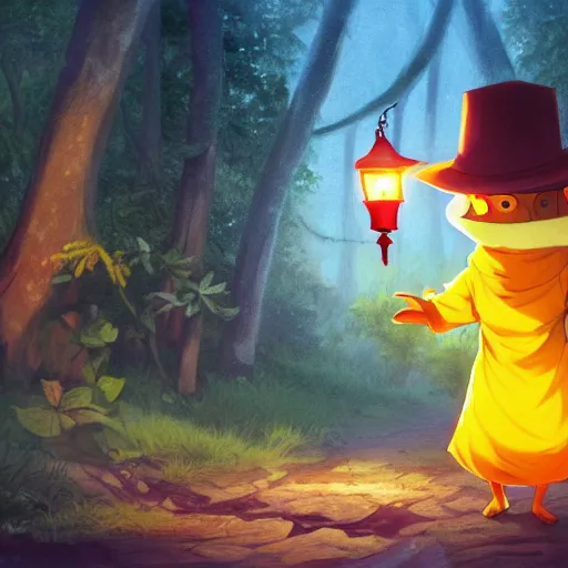 Prompt: concept art painting of an anthropomorphic luffy chipmunk wearing a yellow cloak, holding a lantern, in the deep forest, realistic, detailed, cel shaded, in the style of makoto shinkai and greg rutkowski and james gurney