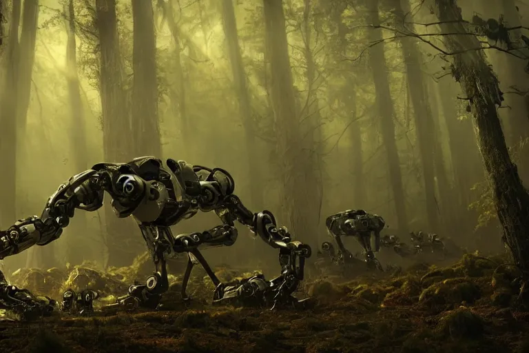 Prompt: 1 0 0 0 0 robots fighting in the forest, hyper realistic, ambient lighting, concept art, intricate, hyper detailed, smooth, dynamic volumetric lighting, octane, raytrace, cinematic, high quality, high resolution, 4 k, h. r. giger