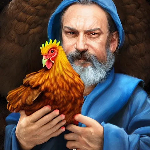 Image similar to a portrait of a wizard holding his pet chicken in his hands by Tony Sart, confused facial expression, blue robe, long white beard, frizzy hair, ArtStation, realistic, detailed