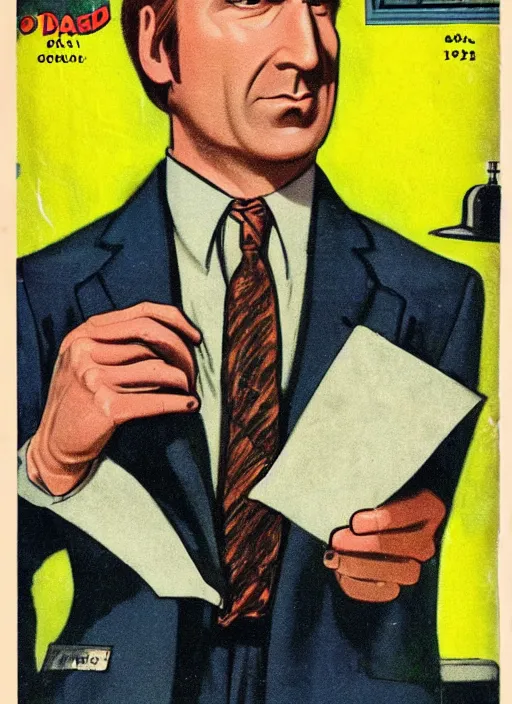 Image similar to portrait of bob odenkirk as saul goodman in the style of a detective book cover ace - high detective magazine 1 9 3 6, mad magazine, cover